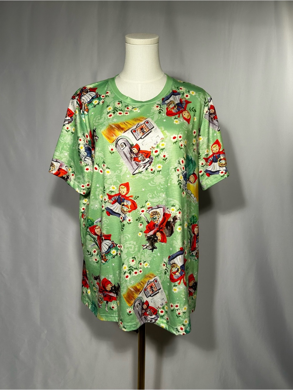 Allover Print Graphic Tee Green Little Red Riding Hood Storybook Whimsy Novelty